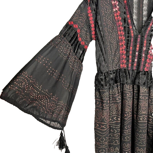 Free People Dress Small Starry Night Maxi Black Long Sleeve V Neck Embroidered - Picture 3 of 13